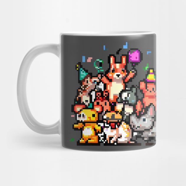 A group of animals having a party or celebrating a holiday, pixel art by maricetak